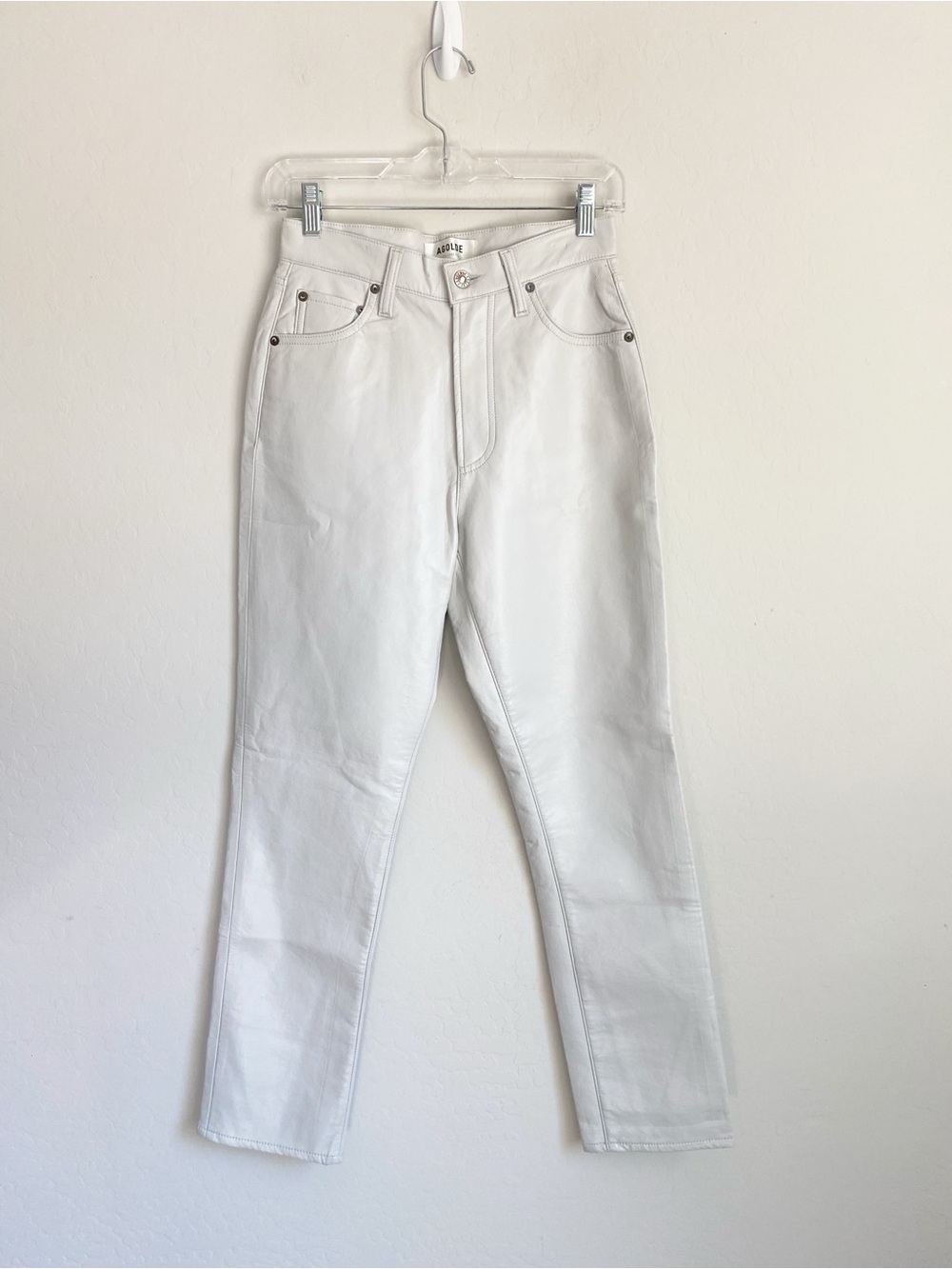 Agolde Recycled Leather Riley Long High Rise Straight Pants Cream Size 24